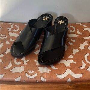Tory Burch Black Leather Crisscross Mule Slides with Gold Logo